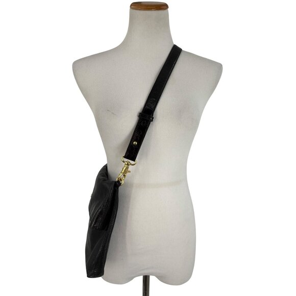 Tory Burch Black Leather Fold-Over Adjustable Strap Gold Tone Logo Crossbody Bag - Picture 6 of 16